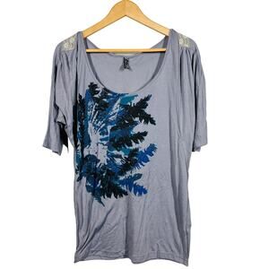 Free People Floral Print Scoop Neck Tee Short Sleeve Gray Blue Casual - M